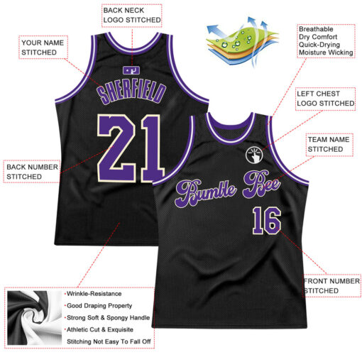 Custom Cream Black Basketball Purple Jersey, Custom Team Basketball Uniforms