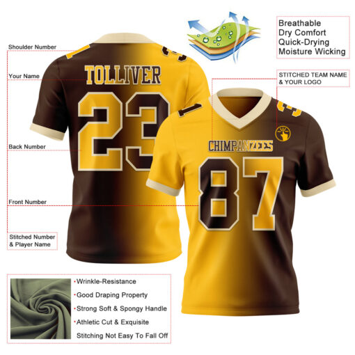 Custom Cream Brown Football Gold Jersey, Personalized Football Jerseys