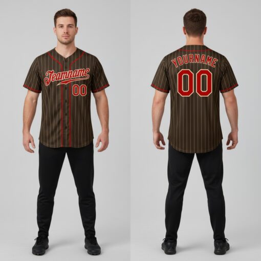 Custom Cream Brown Pinstripe Baseball Red Jersey, Design Your Own Baseball Uniforms