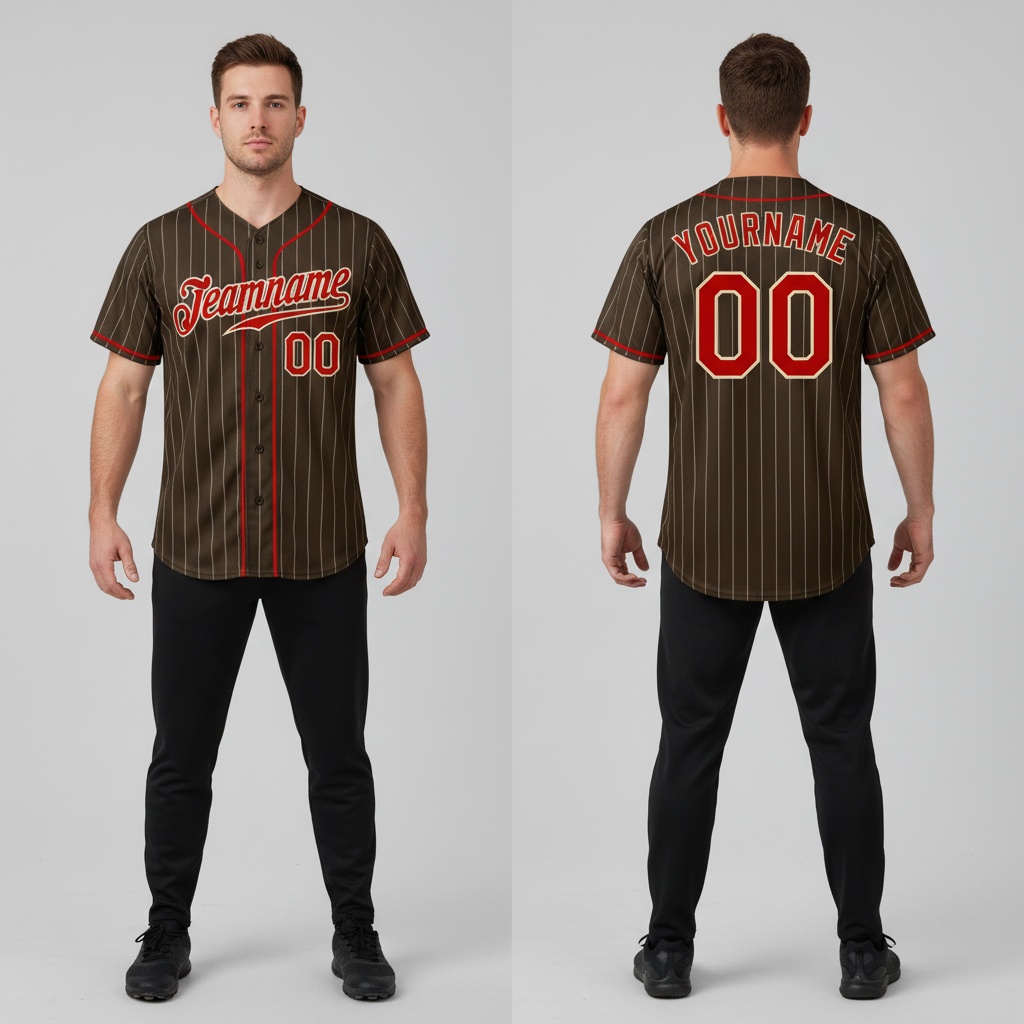 Custom Cream Brown Pinstripe Baseball Red Jersey, Design Your Own Baseball Uniforms