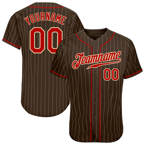 Custom Cream Brown Pinstripe Baseball Red Jersey, Design Your Own Baseball Uniforms