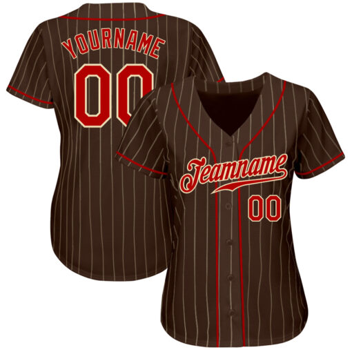 Custom Cream Brown Pinstripe Baseball Red Jersey, Design Your Own Baseball Uniforms