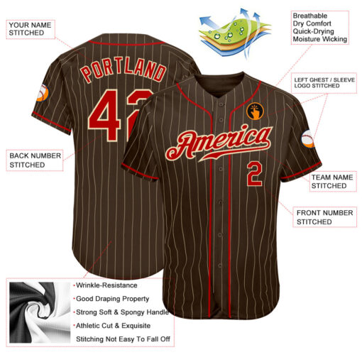Custom Cream Brown Pinstripe Baseball Red Jersey, Design Your Own Baseball Uniforms