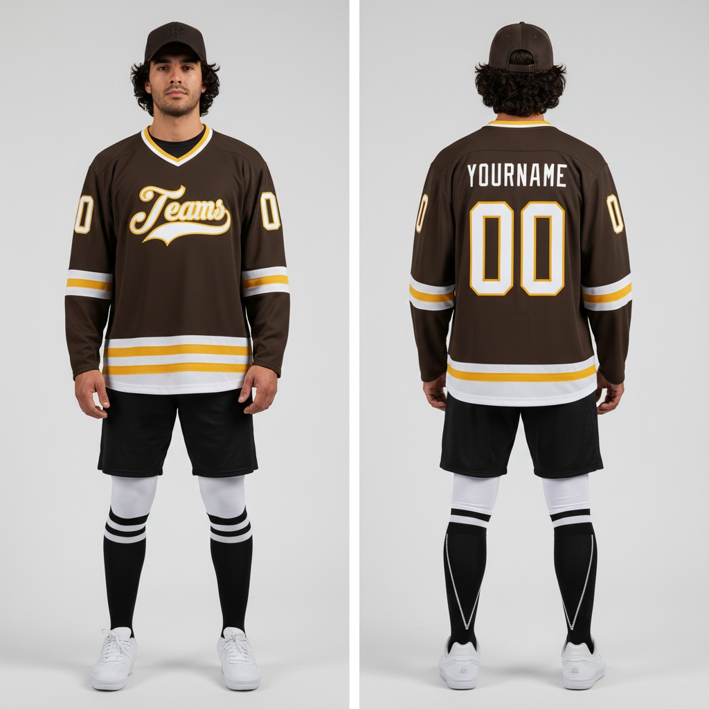 Custom Gold Brown Hockey White Jersey, Cheap Custom Hockey Jerseys