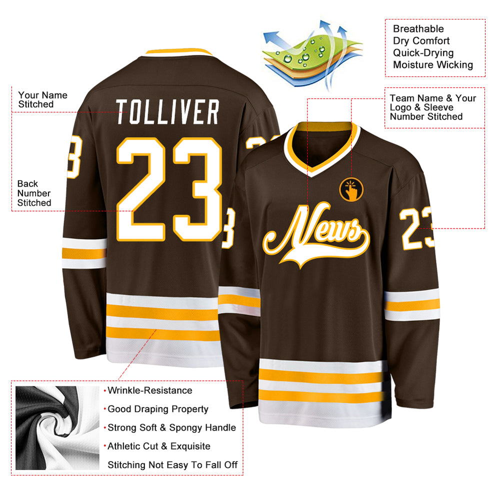 Custom Gold Brown Hockey White Jersey, Cheap Custom Hockey Jerseys