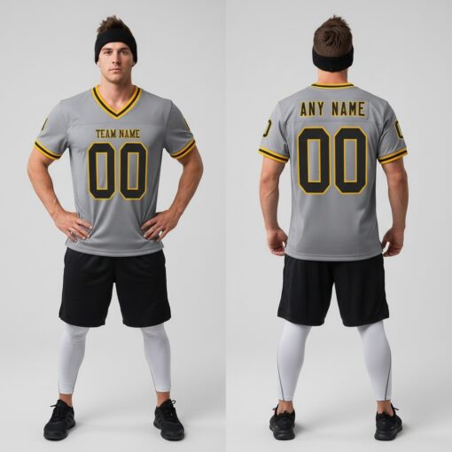 Custom Gold Gray Football Black Jersey, Cool Basketball Uniform Designs