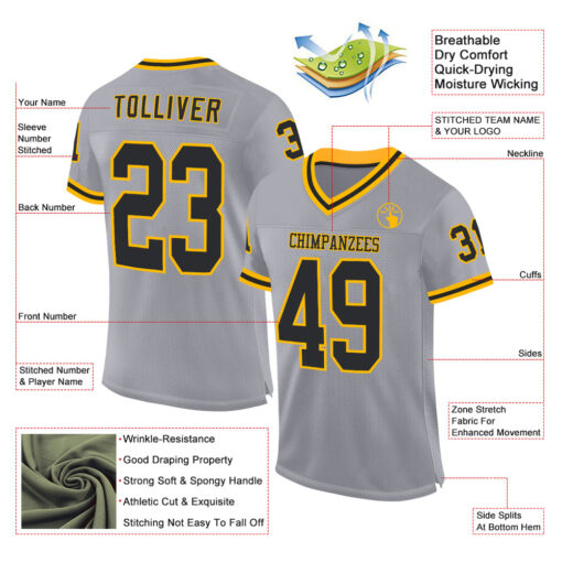 Custom Gold Gray Football Black Jersey, Cool Basketball Uniform Designs