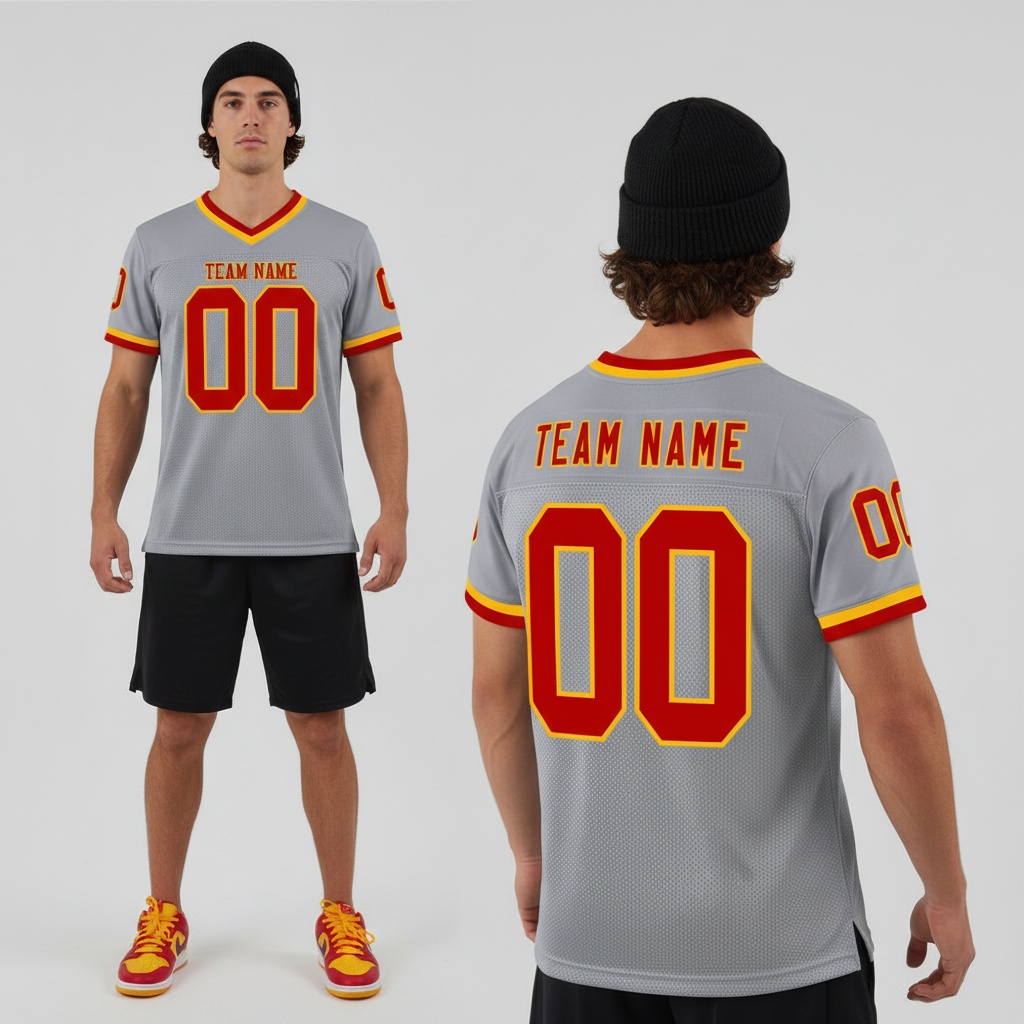 Custom Gold Gray Football Red Jersey, Basketball Uniform Designs