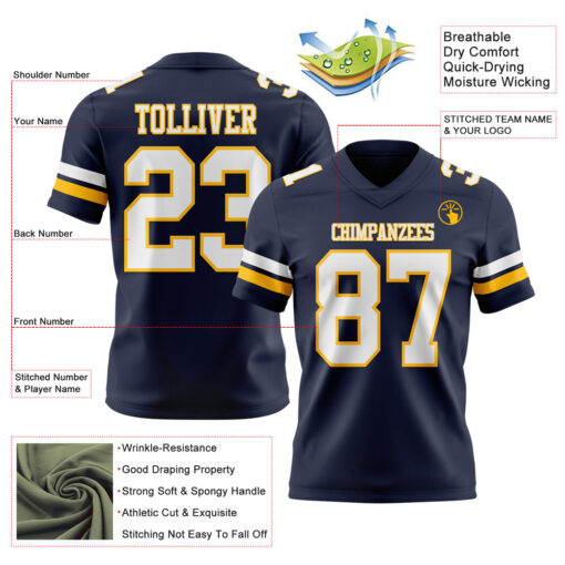 Custom Gold Navy City Football White Jersey, Design A Football Jersey