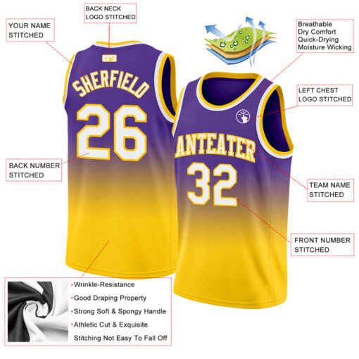 Custom Gold Purple Basketball White Jersey, Personalized Basketball Jersey