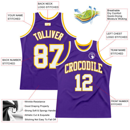 Custom Gold Purple Basketball White Jersey, Personalized Basketball Jerseys