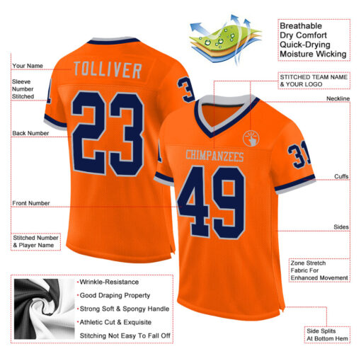 Custom Gray Orange Football Navy Jersey, Customize Football Uniforms