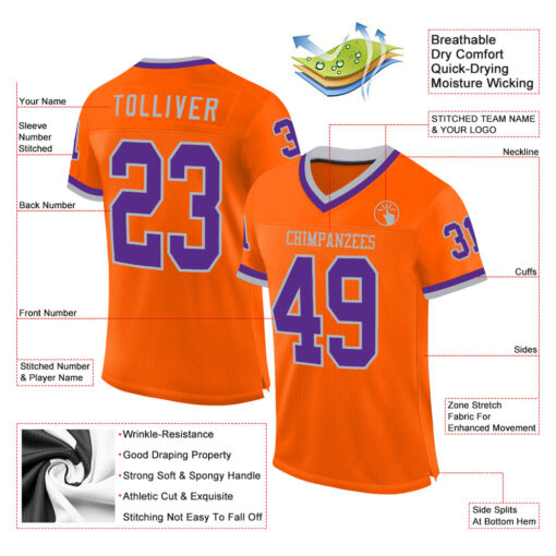 Custom Gray Orange Football Purple Jersey, Custom Football Team Uniforms