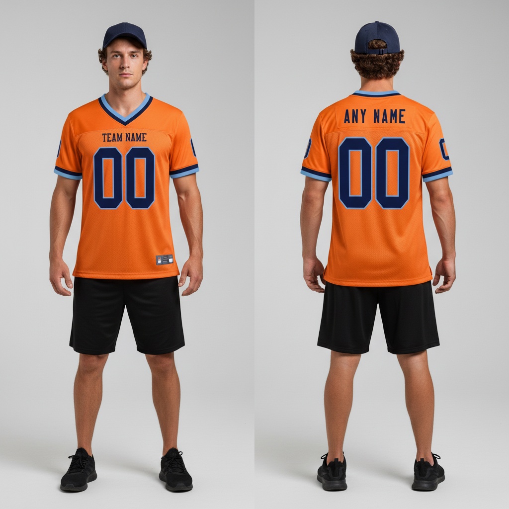 Custom Light Blue Orange Football Navy Jersey, Football Jersey Design