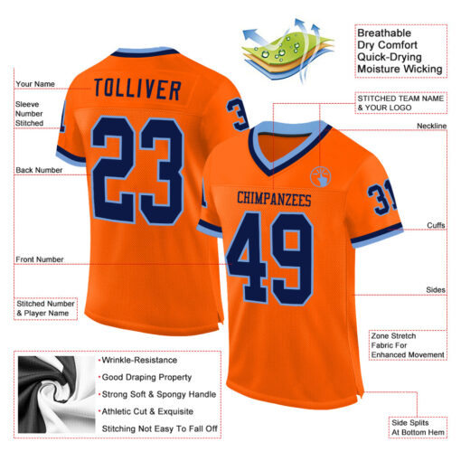 Custom Light Blue Orange Football Navy Jersey, Football Jersey Design