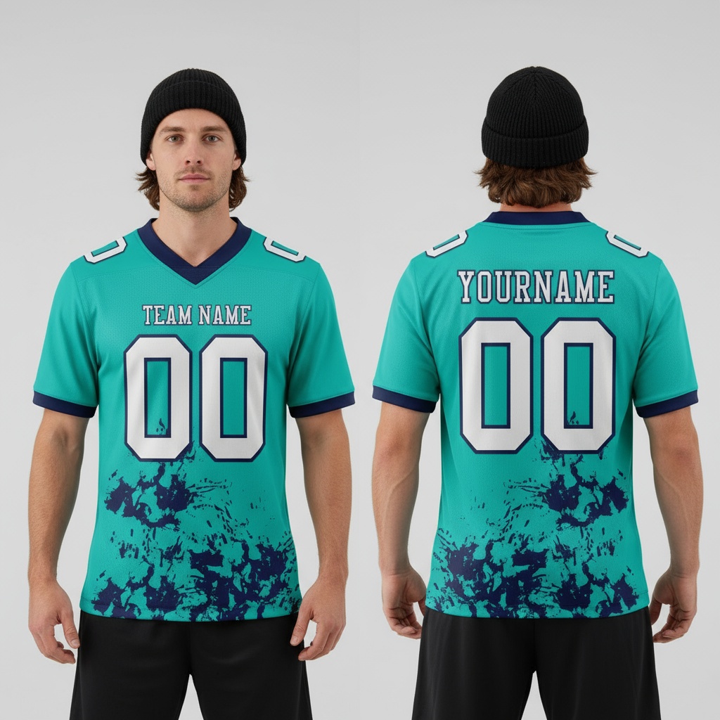 Custom Navy Aqua Football White Jersey, Custom Football Team Jerseys