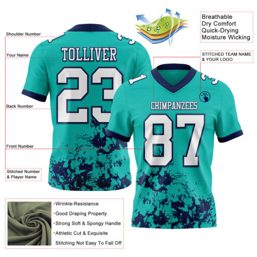 Custom Navy Aqua Football White Jersey, Custom Football Team Jerseys