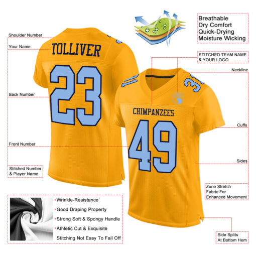 Custom Navy Gold Football Light Blue Jersey, Customized Football Jerseys