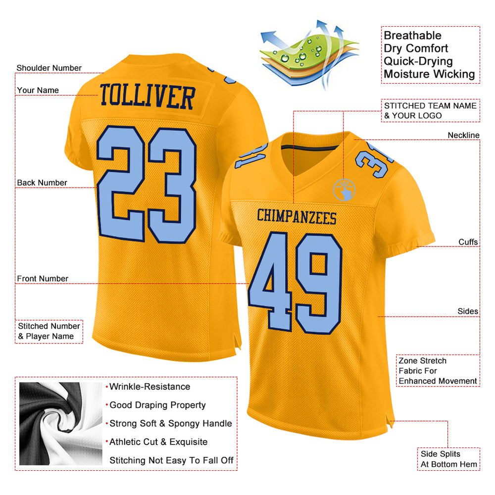Custom Navy Gold Football Light Blue Jersey, Customized Football Jerseys