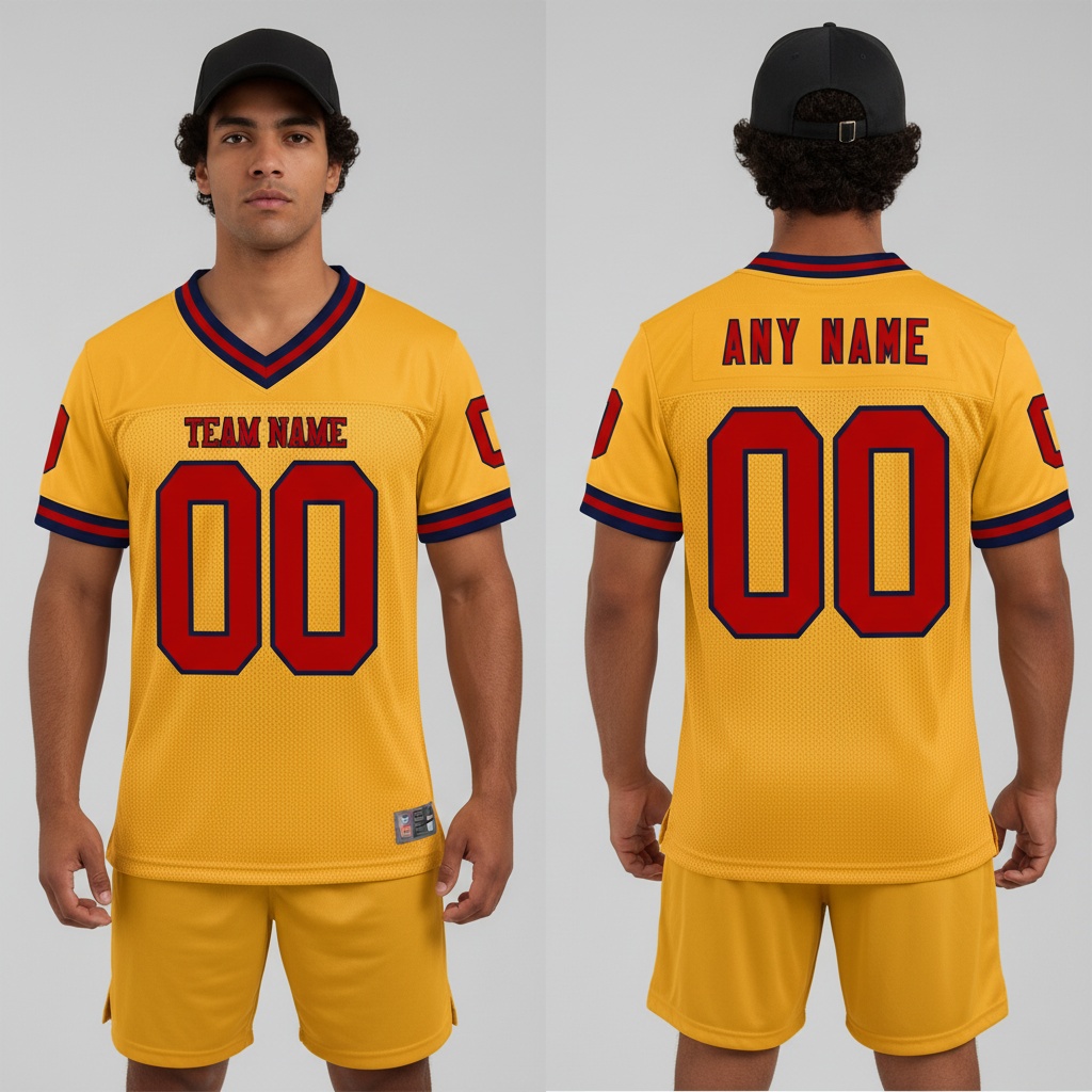 Custom Navy Gold Football Red Jersey, Design Custom Football Jerseys