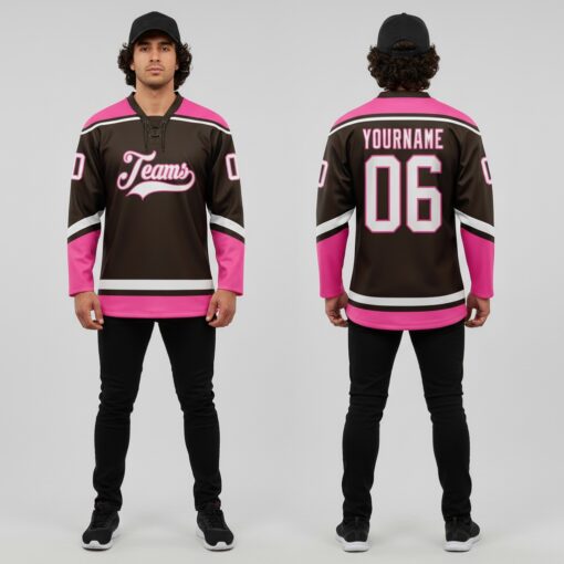 Custom Pink Brown Hockey White Jersey, Hockey Jersey Customization