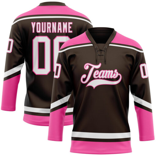 Custom Pink Brown Hockey White Jersey, Hockey Jersey Customization