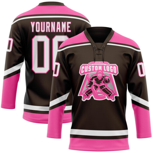 Custom Pink Brown Hockey White Jersey, Hockey Jersey Customization