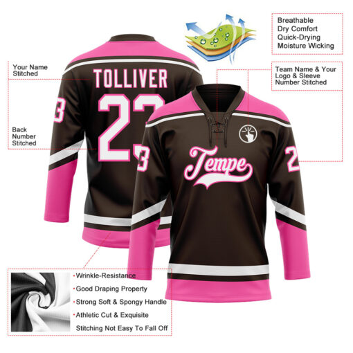 Custom Pink Brown Hockey White Jersey, Hockey Jersey Customization