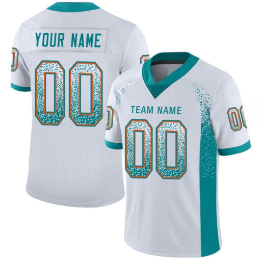 Custom White Aqua Orange Mesh Drift Fashion Football Jersey, Design A Basketball Jersey