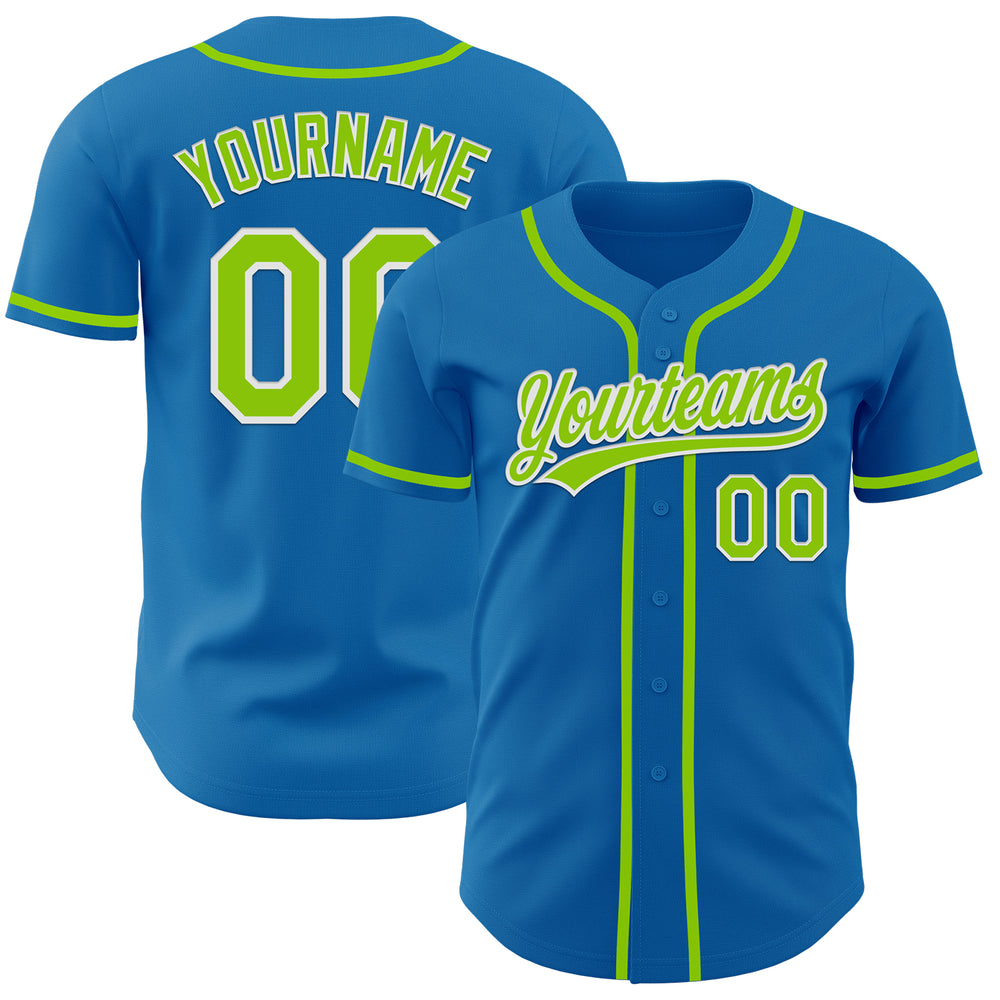 Custom White Blue Baseball Neon Green Jersey, Design Your Own Baseball Uniform